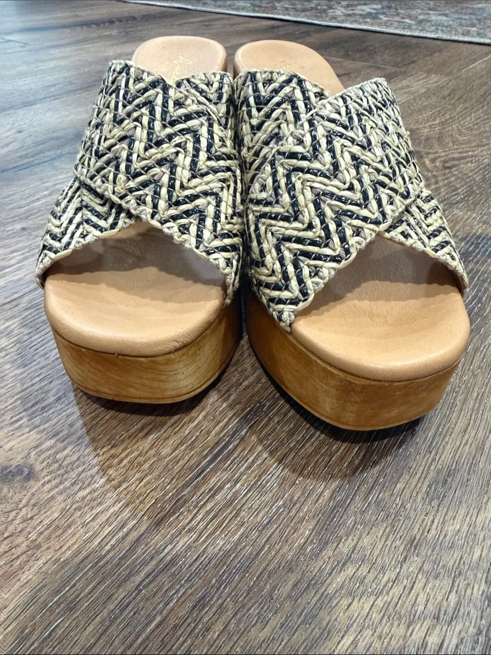 Woven Cross-Strap Platform Mules in Natural and Black